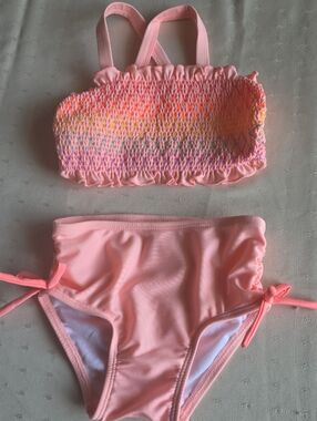 Cat & Jack Pink Smocked Bandeau Two-Piece Swim Set with Multicolor Stitching